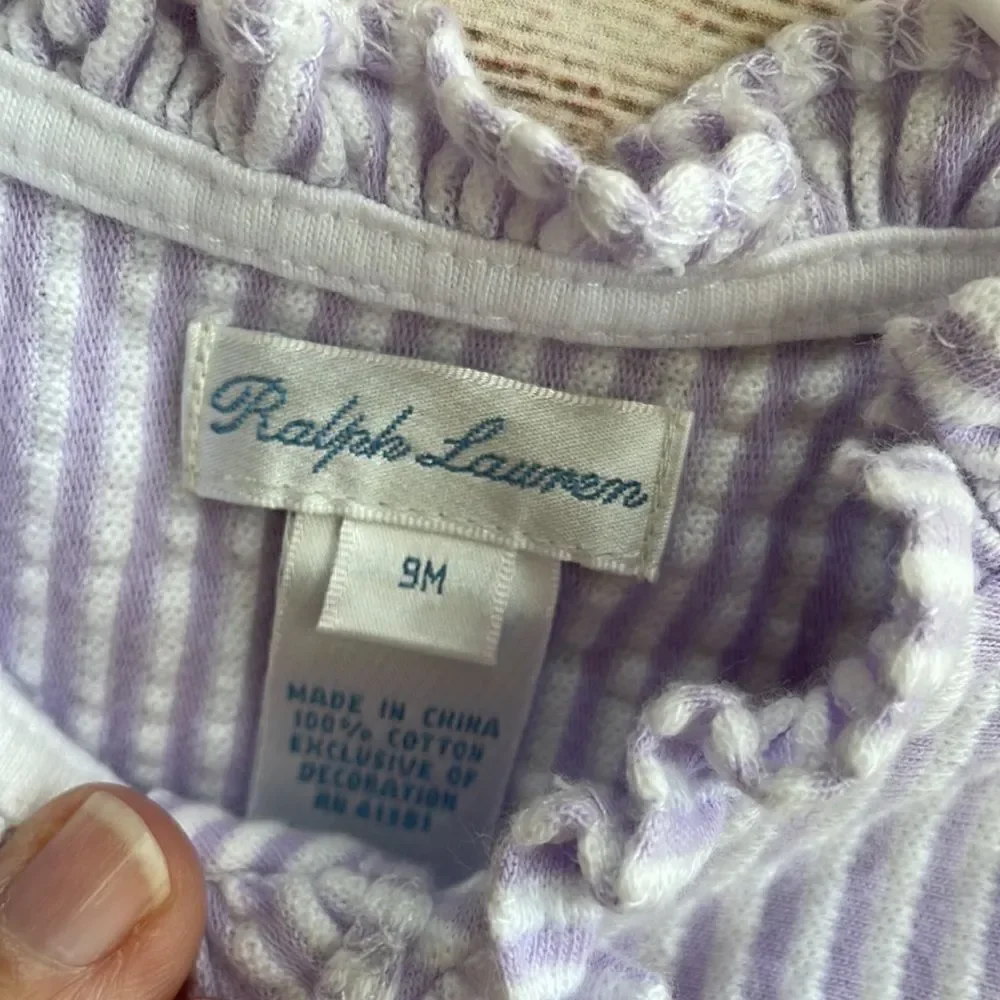 RALPH LAUREN SOFT KNIT ROMPER IN LAVENDER AND‎ WHITE STRIPES